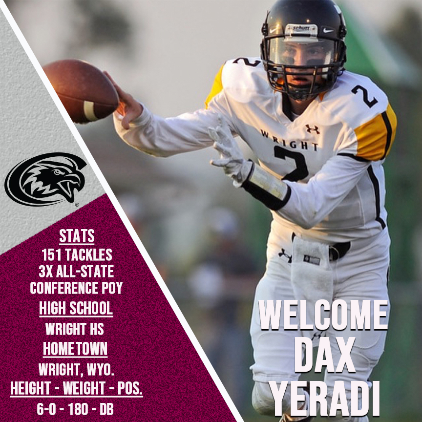csceagles's tweet photo. #WelcomeToTheRock, Dax Yeradi!
Fr., DB, 6-0, 180
Wright, Wyo. / Wright HS https://t.co/CkEvPRQFyp