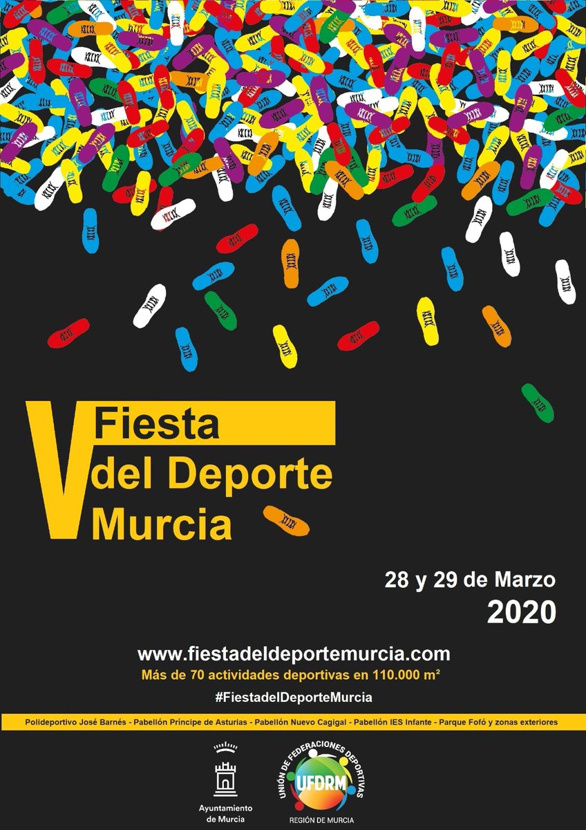 ¡Hola! ¿Estáis preparados? Próximo 28 y 29 de marzo de 2020 llega la V Fiesta del Deporte Murcia 🚴🏼‍♀️⛹️🏋️🤸🏻‍♀️🤼🧗🤹⛷️🏌️🏇🤺🚣🤽🏍️🛹⚾🥎🏀🏐🏈🏉🎾🏒⛸️🏹🎱⛳🎣🥊🎯