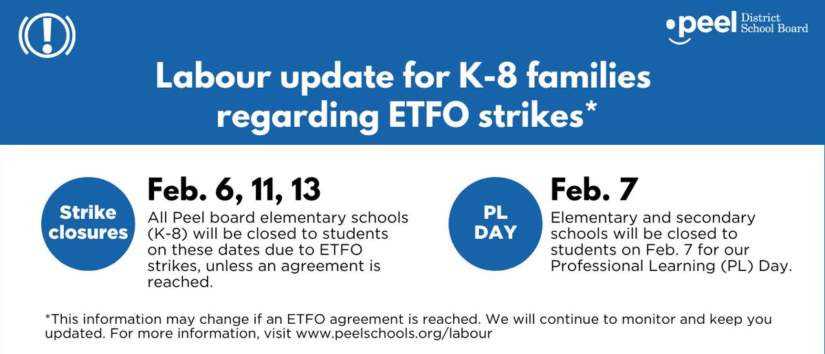 ETFO has announced additional one-day strikes. As a result, Peel board elementary schools are closed to students in kindergarten to grade 8 on Feb. 6, 11 and 13, unless an agreement is reached. 

Feb. 7 remains a PL Day for all students. Stay up-to-date: peelschools.org/labour