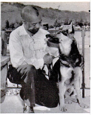 The black and white image shows a man in a white shirt kneeling down and looking into the eyes of a German Shepherd dog, who looks back at him with affection. The bond between the two is obvious.