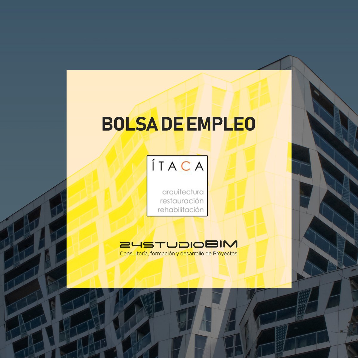 //BOLSA DE EMPLEO

El estudio de Arquitectura <a href="/ItacaArquit/">Itaca Arquitectura</a> busca un nuevo perfil para incorporar a su departamento BIM.

Puesto: Arquitecto/Ingeniero BIM
Empresa: ÍTACA Arquitectura

Solicitud: 24studiolab.com/jobs/arquitect…