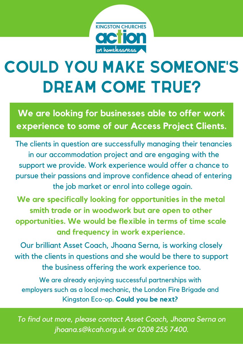 kcahtweets's tweet image. Are you a business able to offer one of our Access clients work experience? Contact our Asset Coach, Jhoana Serna, on jhoana.s@kcah.org.uk if you can. Please RT.
@alison_amb @Salmonmagazine @KingstonCOC @BanquetRecords @KingstonRotary @mattthehatt @sophiemayor1 #newbeginnings