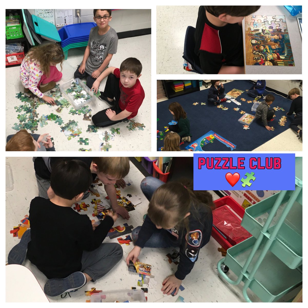 abobbitt3's tweet photo. Perfect start to our rainy day in first grade!  Puzzle club-love hearing all the teamwork talk and sweet conversations. ❤️🧩@CESLittleDragon #problemsolvingfirsties https://t.co/0vFq0YvjBK