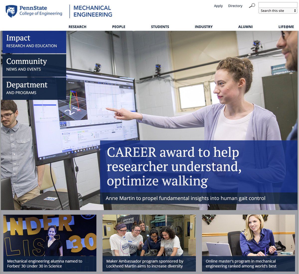 JessMenold's tweet photo. Had to take a screenshot of the @PSUMechEng home page today, all the featured stories are about some pretty kick-ass women engineers #STEMWomen #PSUEngineering https://t.co/FZmjEUpAgV