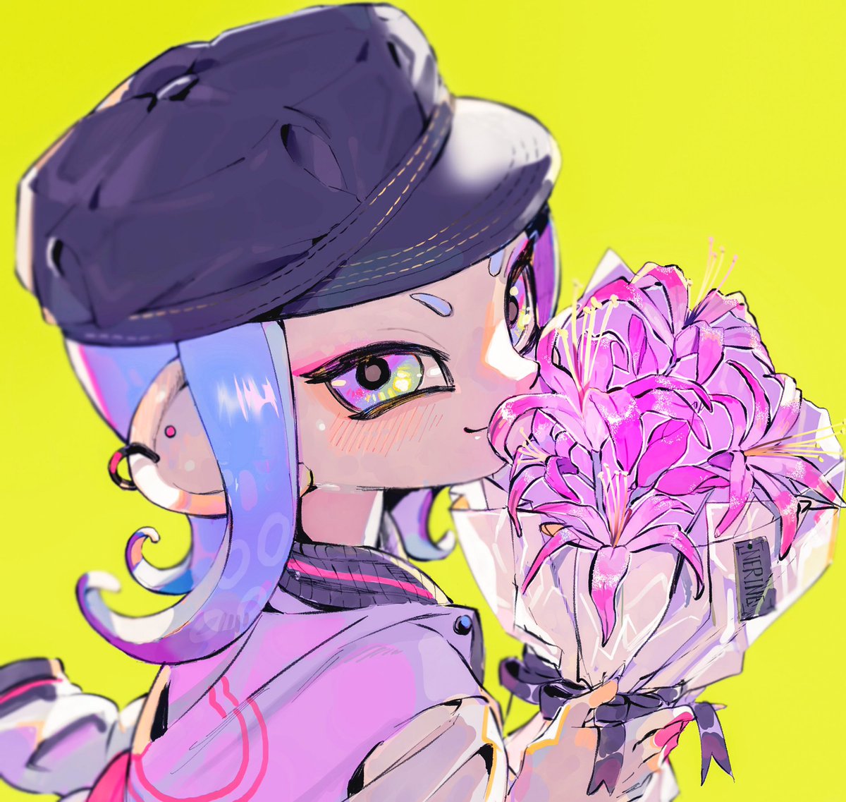 octoling ,octoling girl 1girl smile solo flower yellow background blue hair closed mouth  illustration images