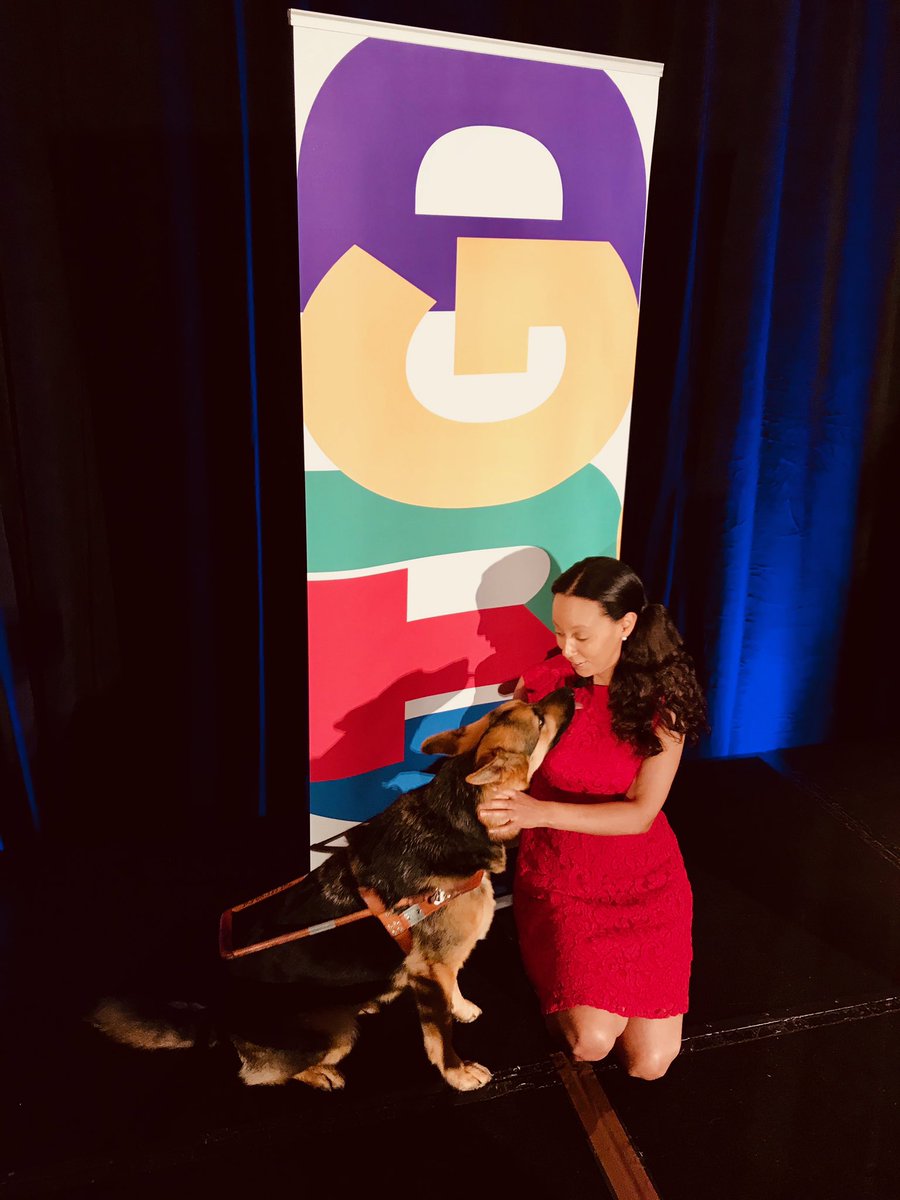 I’m kneeling beside Mylo the German Shepherd Seeing Eye dog. We’re on stage in front of a colorful sign that says MTJGD for More Than Just Great Dancing. Mylo has his nose stretched toward me as if he’s about to kiss me.