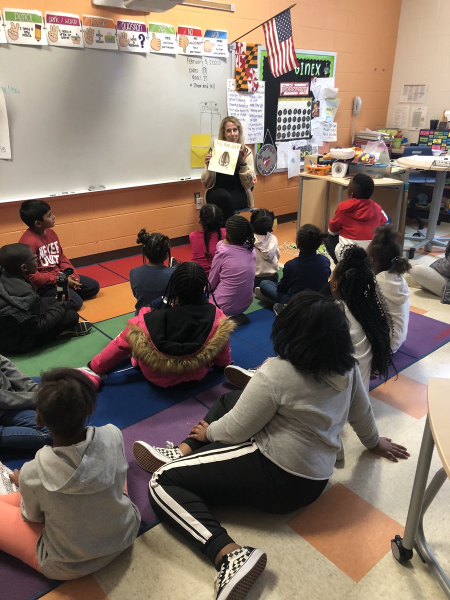 MsGinexBCPS's tweet photo. For World Read Aloud Day, I had the pleasure of reading to @MsMitchell_5thโs class today!! My kids got the pleasure of hearing @MsFeldsteinLMES read to them. #WorldReadAloudDay #LMESreads https://t.co/Lwzx0wEczt