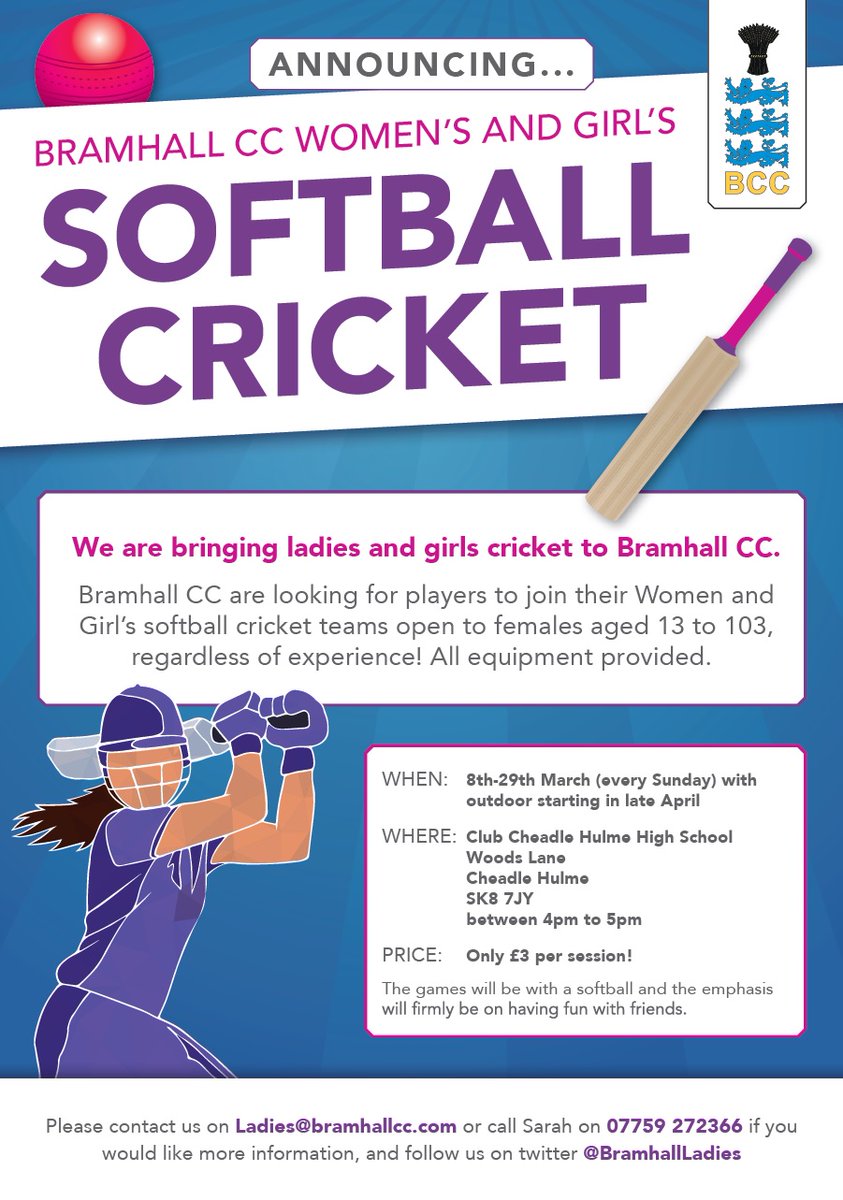 We're really excited to bring you Female Cricket at BCC! We are starting some softball sessions indoors during March, for anyone interested in trying the sport, aged 13+ 

For more information, please DM or contact Ladies@bramhallcc.com #Bramhall #Cheshire