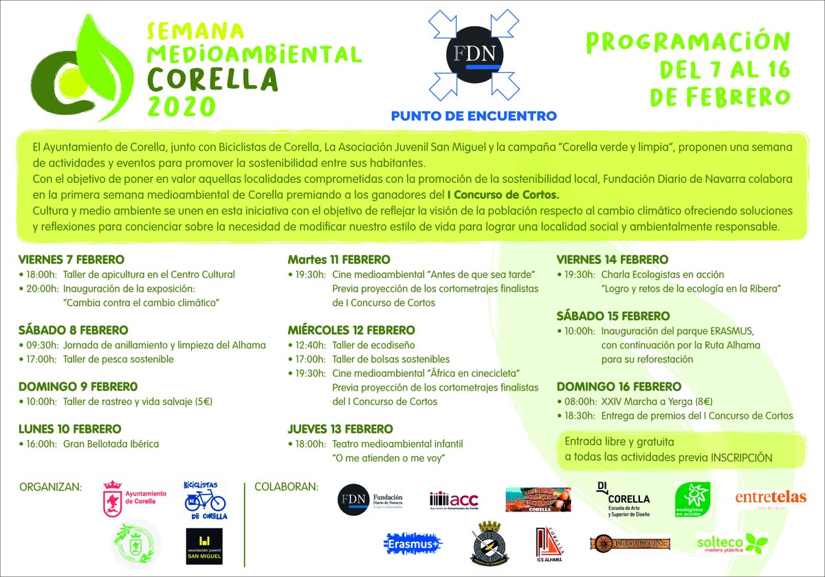 Este viernes comienzan 10 días cargados de eventos, talleres, charlas y actividades enmarcadas dentro de la Semana Medioambiental de Corella organizada por @corellaayto en la que colaboramos poniendo en valor las localidades comprometidas con la promoción de la #sostenibilidad 🌿