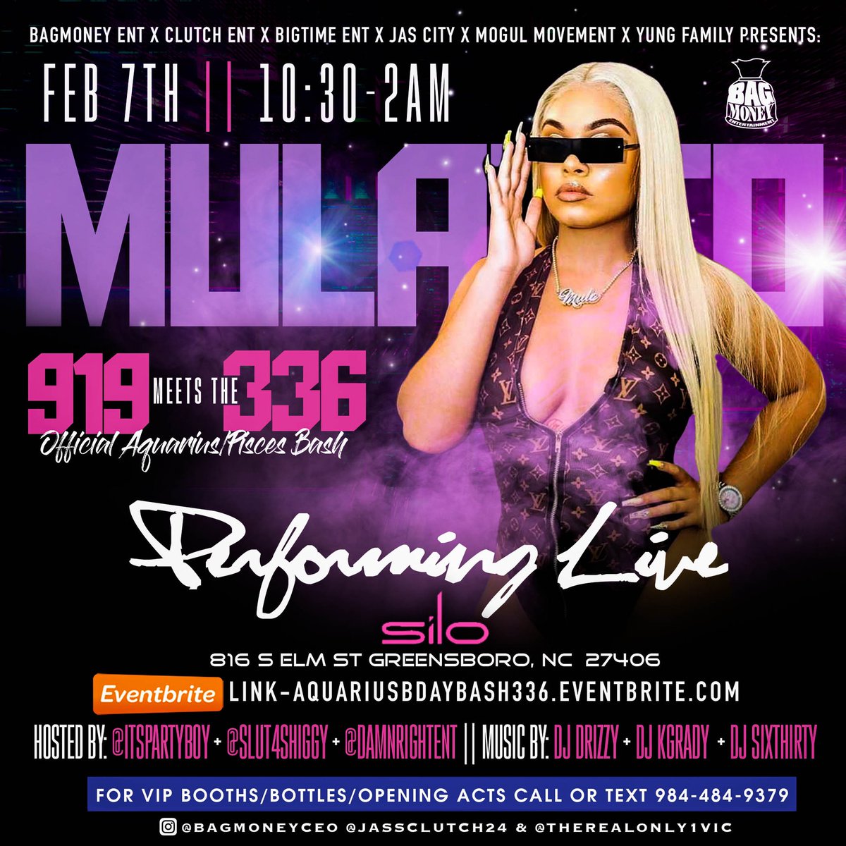 clutch_ent24's tweet photo. All my 336 ppl pay attention‼️ THIS FRIDAY @BagMoneyEnt1 x Clutch ENT presents AQUARIUS BDAY BASH 336  🎉 with a LIVE performance by @missmulatto247 🎥🔥😈 @ Club SiloRT this tweet for a chance to win TWO FREE TICKETS‼️tickets in bio 🎫 #ncat #uncg #Bennett #greensborocollege https://t.co/zWB3NvNMBZ