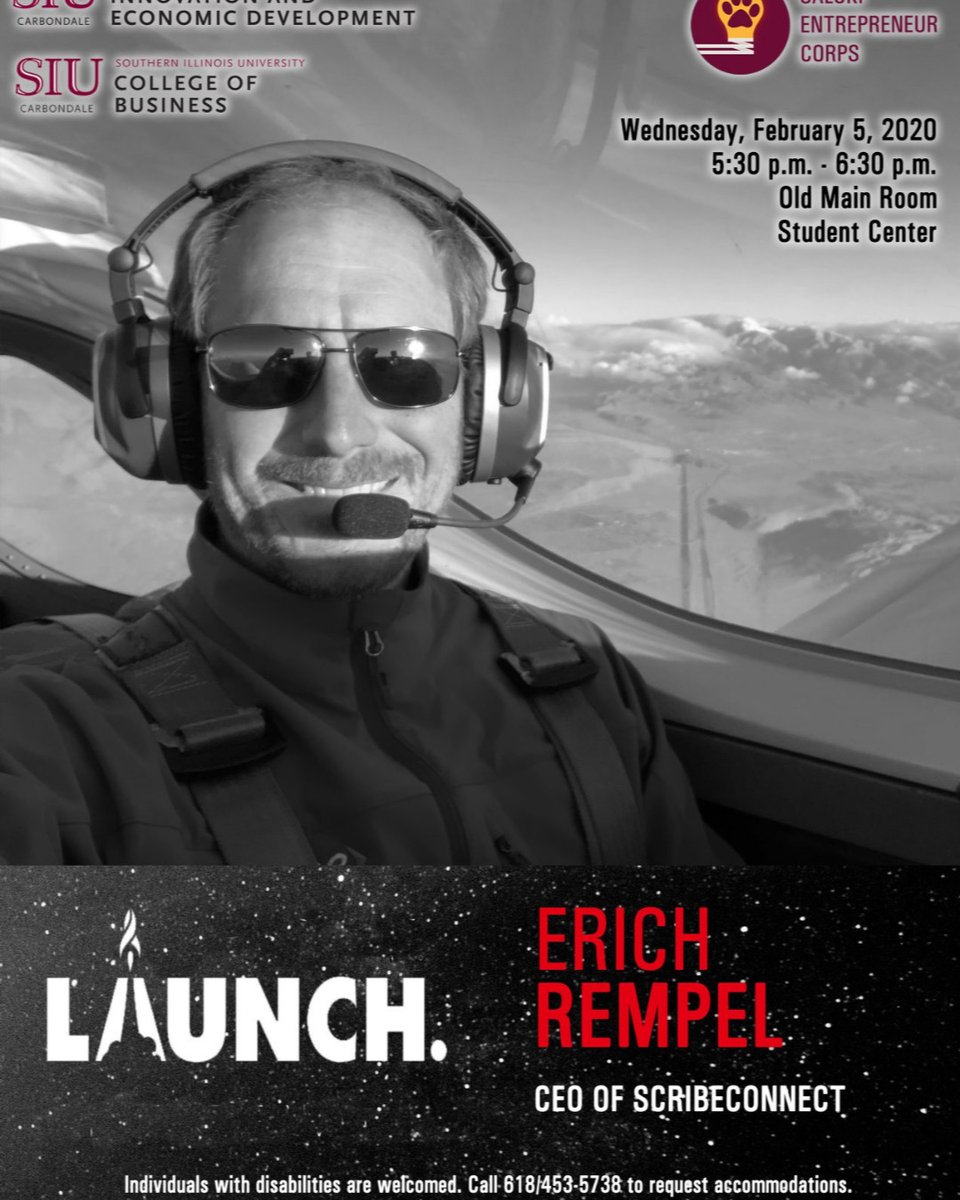 SIU_CoBA's tweet photo. This Spring our first speaker event is featuring Erich Rempel - CEO of Scribe Connect. Wednesday Feb. 5th at 5:30pm in the Student Center Old Main Room Erich will speak on how to "Launch your Innovation". There will also be free pizza and drinks! #siu #ready4business https://t.co/hOgDFXJHri
