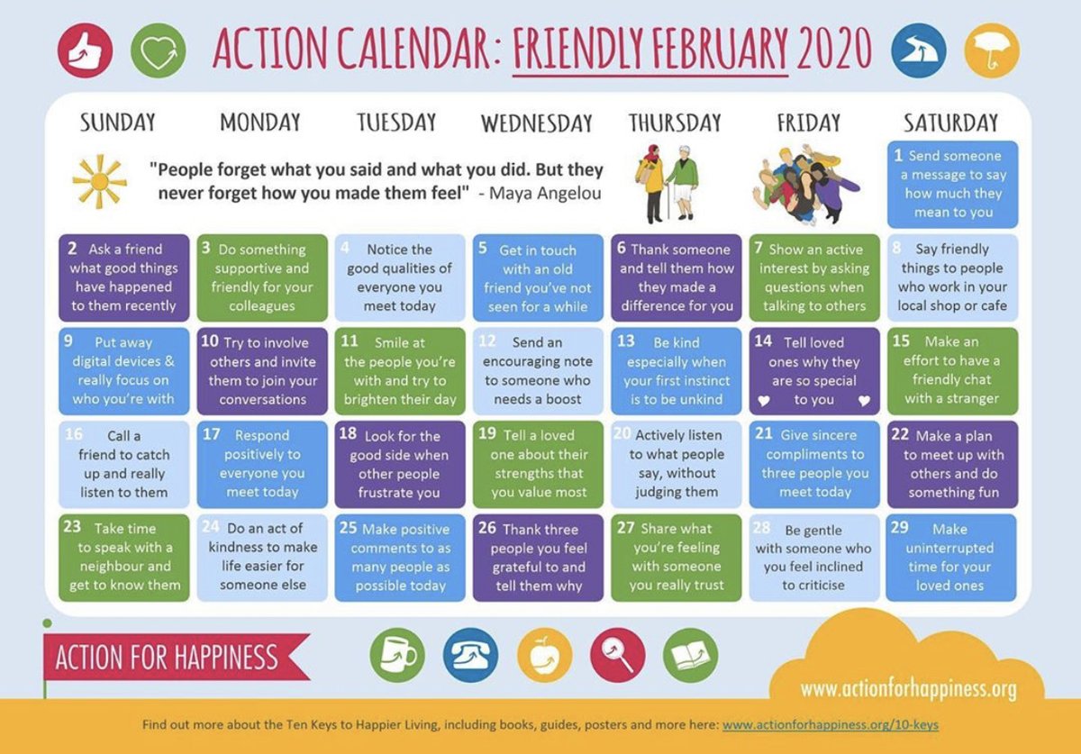 SwinGlosMind's tweet image. February has arrived and @actionhappiness have launched their action calendar 📅. Why not use February to try something new and follow the calendar. #postivechange #actionplan #mensmentalhealth #mentalhealth  #sgmind