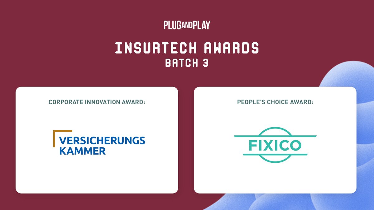 Awards ceremony 🏆 We are happy to announce the Plug and Play Insurtech Europe Corporate Innovation Award winner is: <a href="/VKB_Presse/">Versicherungskammer</a>. And the People’s Choice Startup Award goes to: <a href="/FixicoNL/">Fixico</a>. Congratulations! #InsurtechEuropeExpo2020