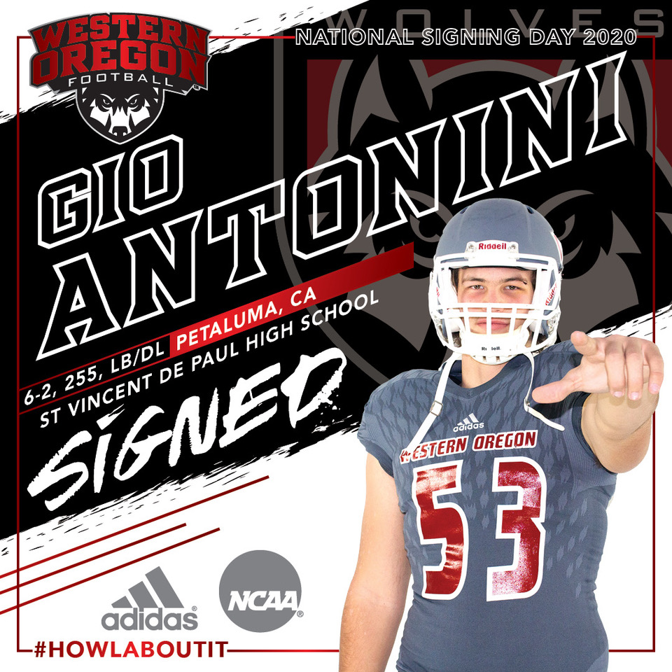 Western Oregon Wolves Athletics (@wou_wolves) on Twitter photo Welcome to WOU and Wolves football Gio Antonini! Antonini is a linebacker/defensive lineman from St. Vincent de Paul High School in Petaluma, CA. <a href="/GioAntonini22/">Giovanni Antonini</a>
#NSD20 Welcome to WOU and Wolves football Gio Antonini! Antonini is a linebacker/defensive lineman from St. Vincent de Paul High School in Petaluma, CA. <a href="/GioAntonini22/">Giovanni Antonini</a>
#NSD20