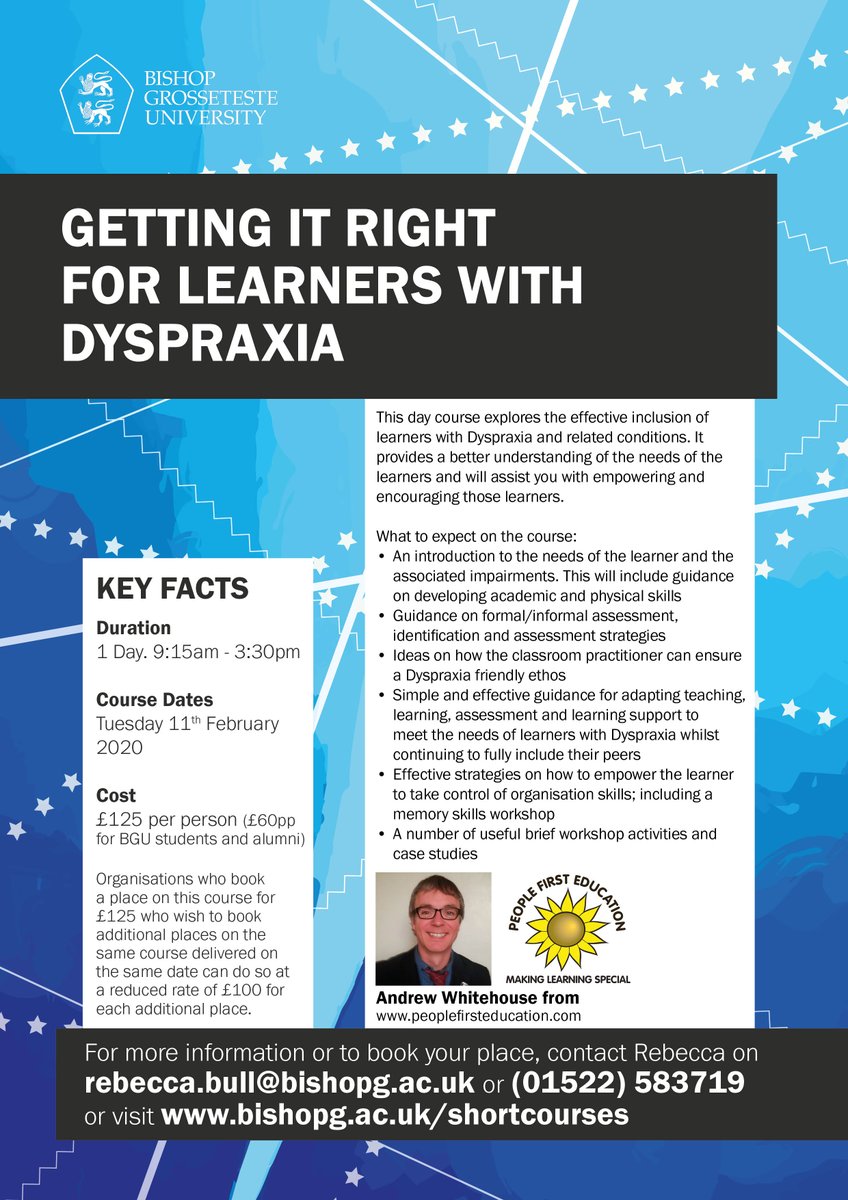 Looking forward to welcoming <a href="/AndrewWSEN/">AndrewWSEN</a>
 next week when he will be running a short course @BGULincoln on 'Getting it Right for Learners with Dyspraxia'. Why not join us? You still have time to book your place at: ecommerce.bishopg.ac.uk/product-catalo…
#dyspraxia