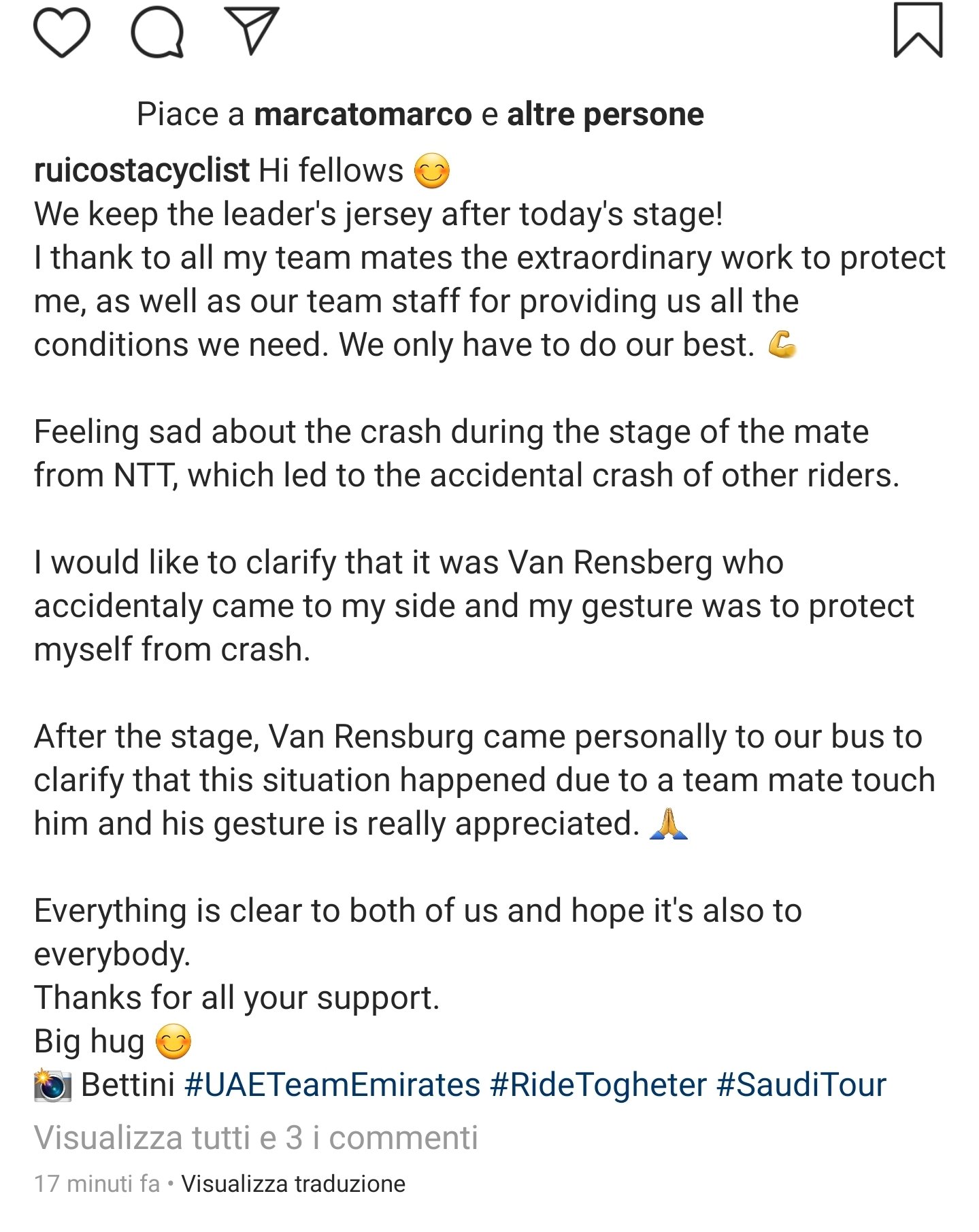 La Flamme Rouge Rui Costa On Instagram After Accident