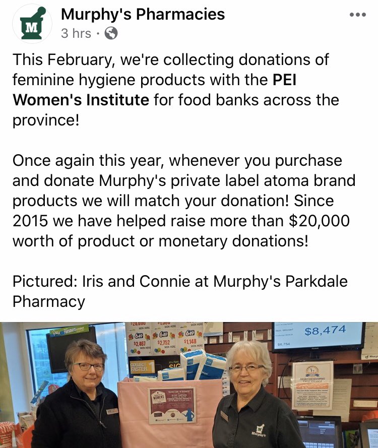 Once again, <a href="/MurphysPharmacy/">Murphy's Pharmacies</a> #PEI will match your donation of Atoma brand feminine hygiene products to <a href="/28DayCampaign/">TakingCareofBusiness</a> #doubleyourdonation