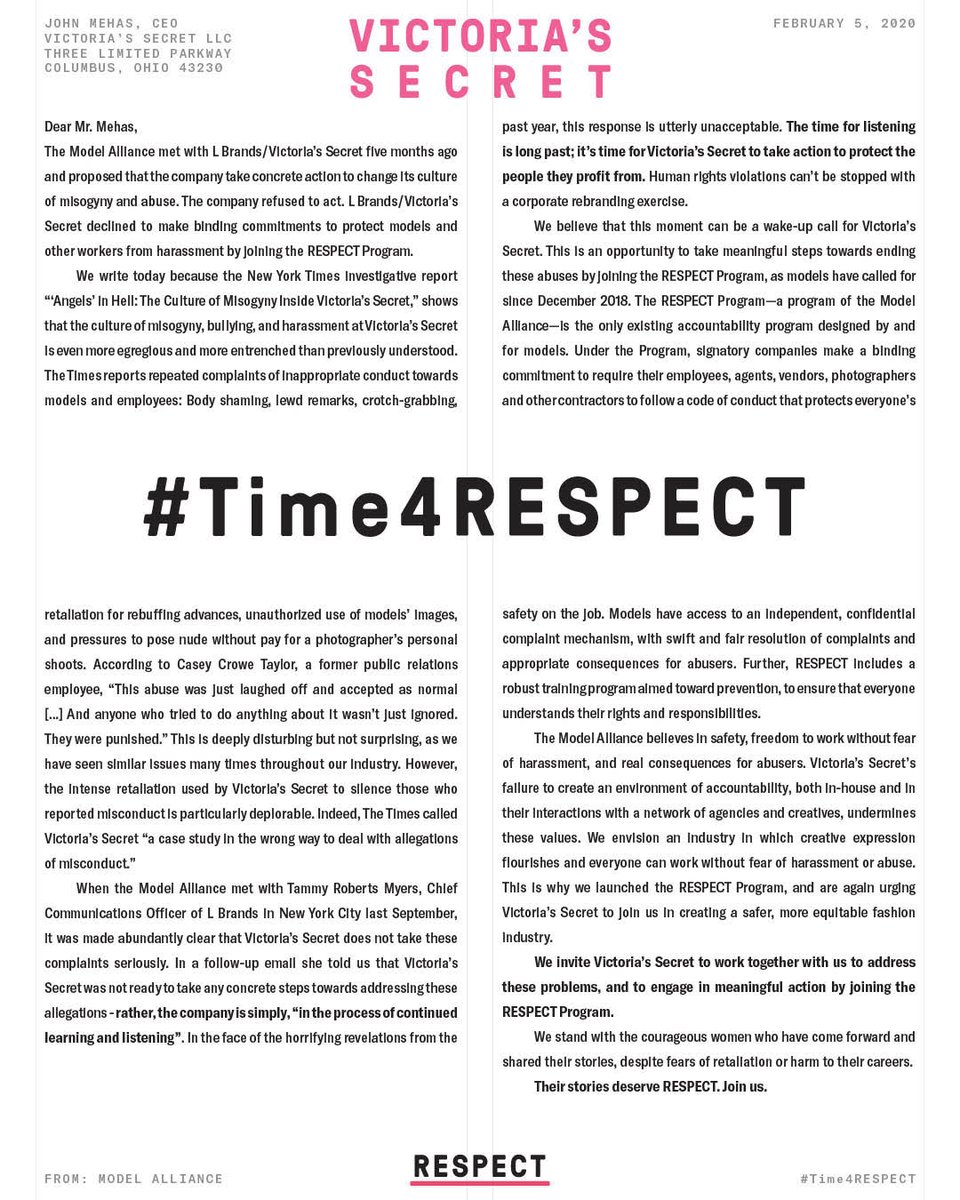 TIMESUPNOW's tweet photo. .@VictoriasSecret: You cannot let the toxic culture continue.
Join @ModelAllianceNY to protect models from sexual harassment and abuse. #Time4RESPECT https://t.co/ork5WIU6HJ https://t.co/MIfPNfGUV7