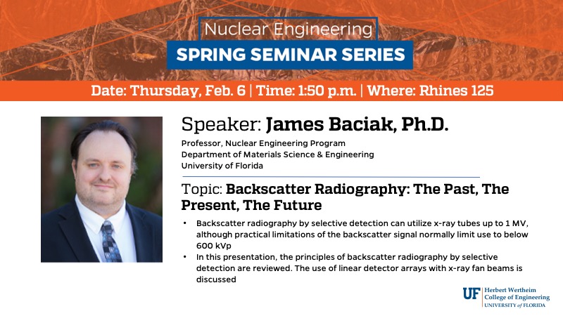 Jim Baciak, Ph.D. will present "Backscatter Radiography: The Past, The Present, The Future" in Rhines 125 at 1:50 p.m.