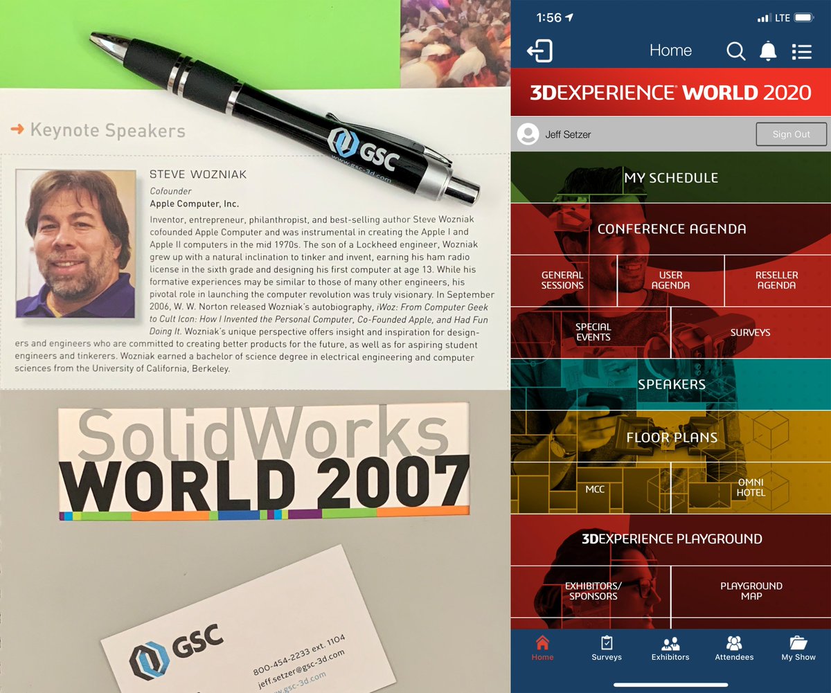 astrosetz's tweet photo. As I show @gsc3d folks the excellent @SOLIDWORKS #3DXW20 app, I think back when, one month after Steve Jobs introduced the @Apple #iPhone to the world, we had @stevewoz speak at #SWW2007. Talk about #DesignWithVision! Looking forward to see what @visitmusiccity will bring. https://t.co/L3eKZ6pJFC