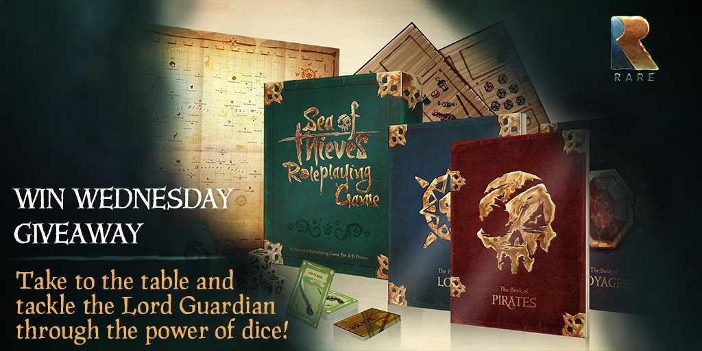SeaOfThieves's tweet photo. Dice, maps and lore galore in our latest #WinWednesday as we place a copy of the Sea of Thieves Roleplaying Game in the hands of lady luck. To be in with a chance of winning follow us, RT and tell us what makes your pirate unique. Random winner chosen tomorrow at 5pm GMT. https://t.co/6lLs4bvtlu