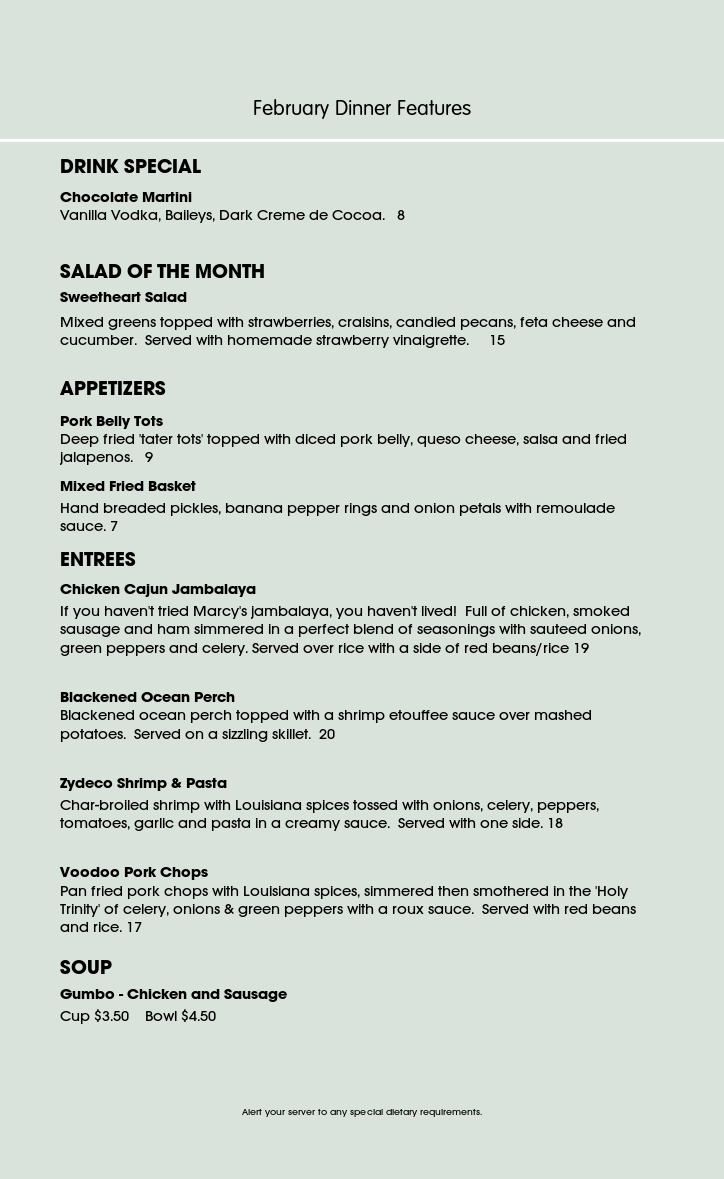 February Dinner Features