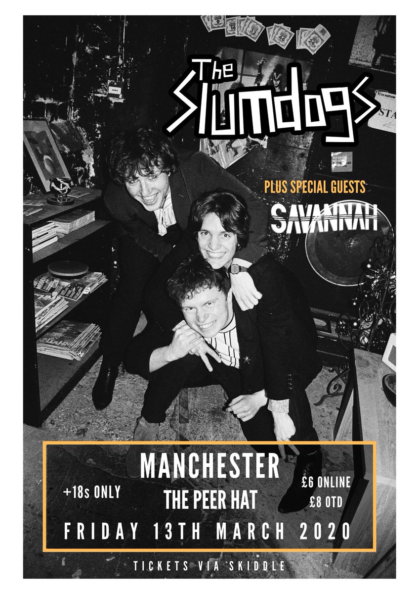 THE SLUMDOGS (@theslumdogs) on Twitter photo Manchester! It's not long now till our headline show at
<a href="/The_Peer_Hat/">The Peer Hat</a> on Friday 13th March. Go grab ya tickets via Skiddle here: smarturl.it/peerhat
Support from <a href="/uksavannah/">S A V A N N A H</a> + more TBA.
Tickets on sale now!💥
📸 - Will Shield Manchester! It's not long now till our headline show at
<a href="/The_Peer_Hat/">The Peer Hat</a> on Friday 13th March. Go grab ya tickets via Skiddle here: smarturl.it/peerhat
Support from <a href="/uksavannah/">S A V A N N A H</a> + more TBA.
Tickets on sale now!💥
📸 - Will Shield