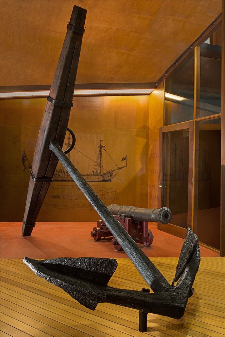 They used this bower anchor. (Perhaps the actual one -- both large anchors were left behind at Endeavour Reef after being used to haul grounded Endeavour off. This one was later recovered, restored, and emplaced in a Museum in Cooktown.)