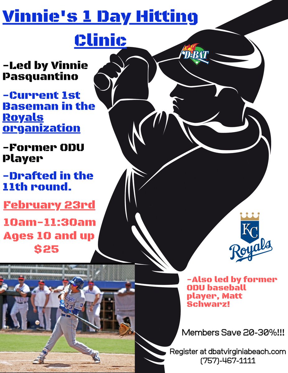 Come get trained by a current Royals minor league player, Vinnie! Limited spots available, so don’t hesitate! #DBVB #ComeOnIn
