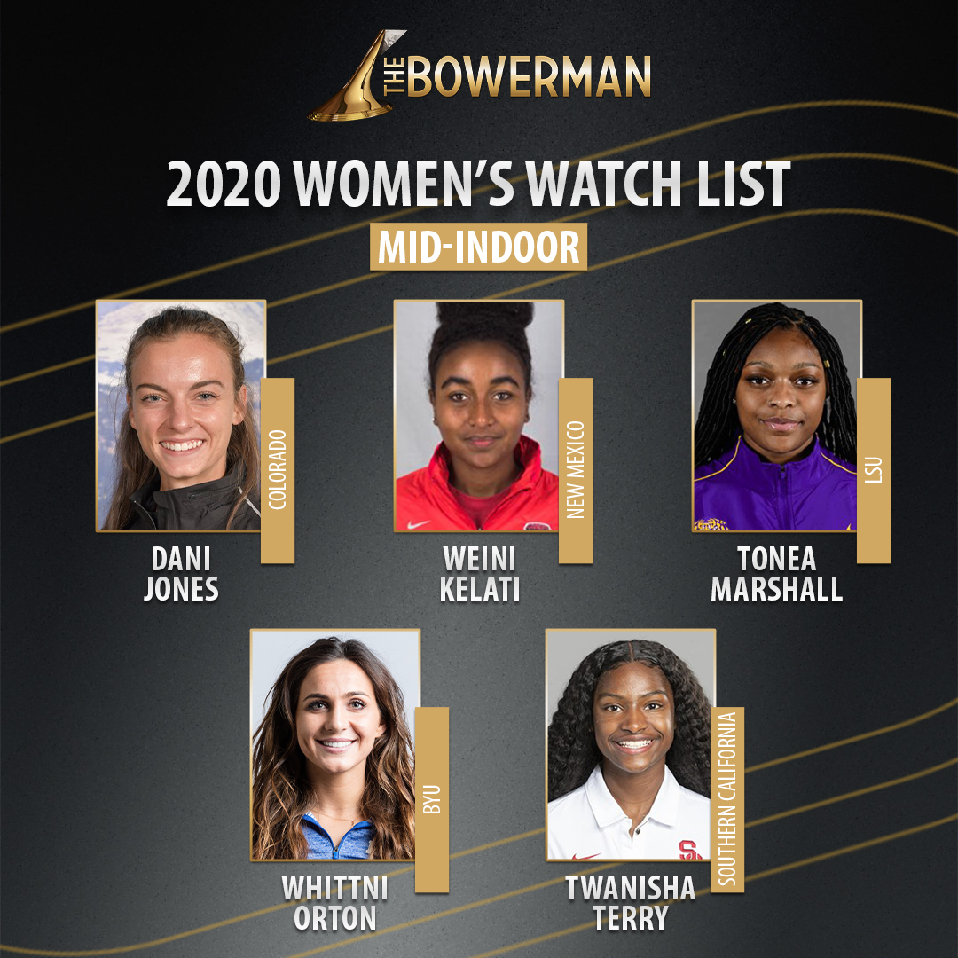 <a href="/TexasTFXC/">Texas T&F/XC</a> <a href="/USC_Track_Field/">USC Track & Field / XC</a> <a href="/UWTrack/">Washington Track & Field and Cross Country</a> <a href="/RazorbackTF/">Arkansas TF/XC</a> 𝐖𝐄'𝐑𝐄 𝐖𝐀𝐓𝐂𝐇𝐈𝐍𝐆

Here are 5 of 10 women on #TheBowerman Mid-Indoor Watch List... (2/2)

Dani Jones, <a href="/CUBuffsTrack/">Colorado Buffaloes Track & XC</a> 
Weini Kelati, <a href="/UNMLoboXCTF/">New Mexico XC/T&F</a> 
Tonea Marshall, <a href="/LSUTrackField/">LSU Track & Field</a> 
Whittni Orton, <a href="/BYUTFXC/">BYU Track & Field/Cross Country</a> 
Twanisha Terry, <a href="/USC_Track_Field/">USC Track & Field / XC</a> 

📄 bit.ly/2GZQYz8