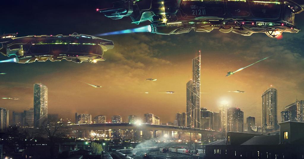 Illustration of a futuristic city with flying spaceships in the sky