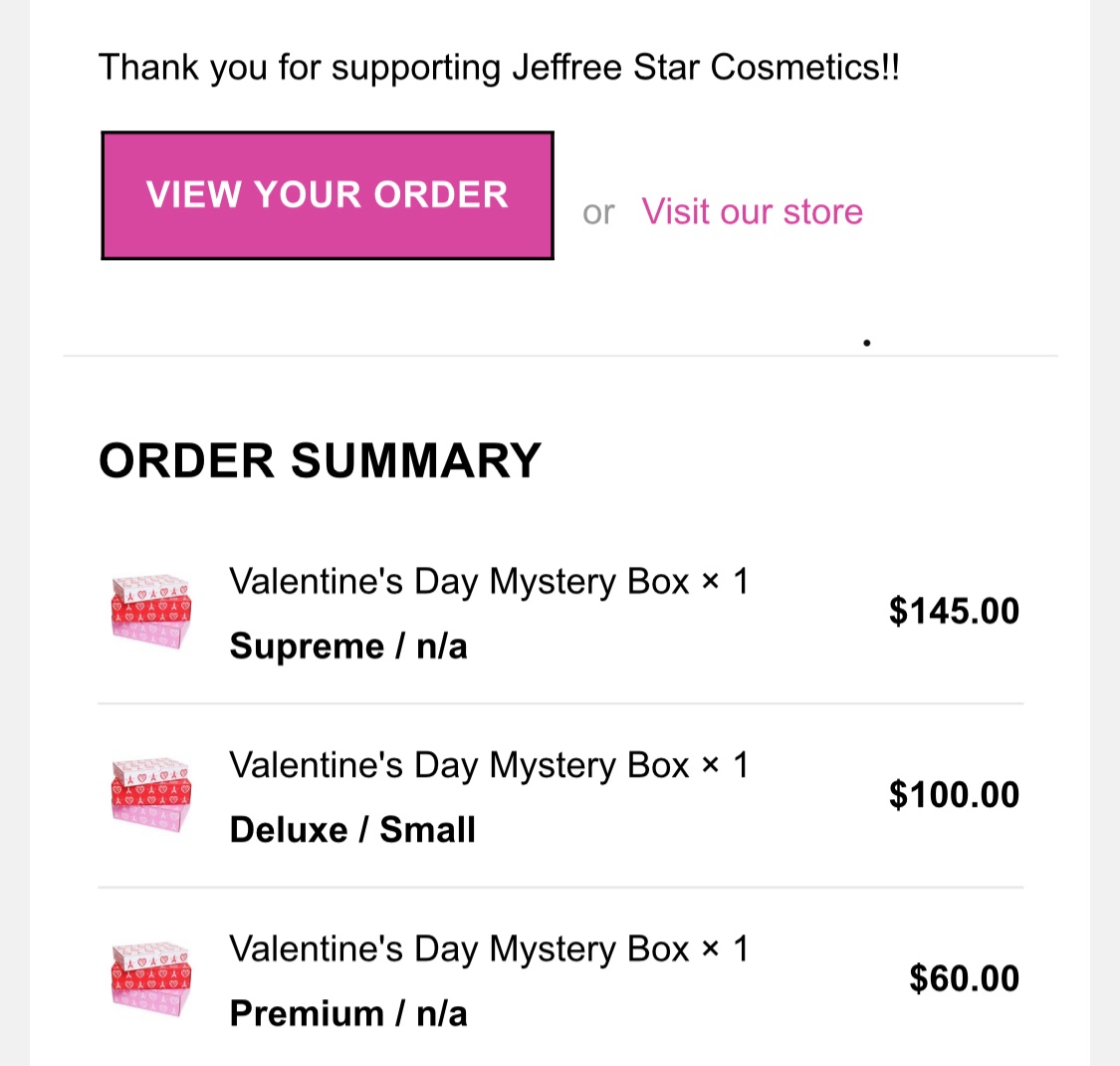 _romaryperez's tweet photo. Ordered all 3 #jeffreestarmysteryboxes within 5 minutes of the site launching and I’m still waiting on my shipping confirmation 😭 #ValentinesDaymysterybox #JSC #jeffreestar #shouldofpaidfor2dayshipping
#stillwaiting #JeffreeStarCosmetics https://t.co/Jig9H4HDHw
