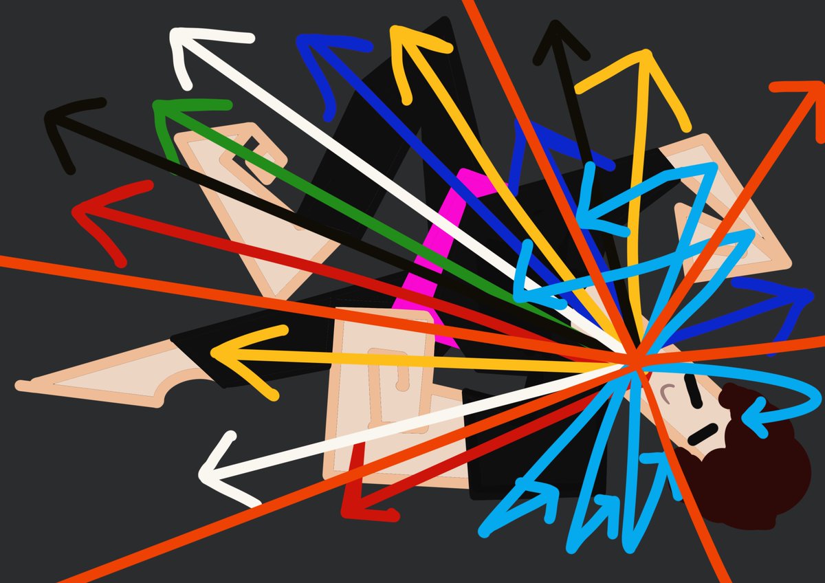 Image shows a digital drawing of Touretteshero in the midst of a ticking fit with lots of colorful arrows coming from her mouth