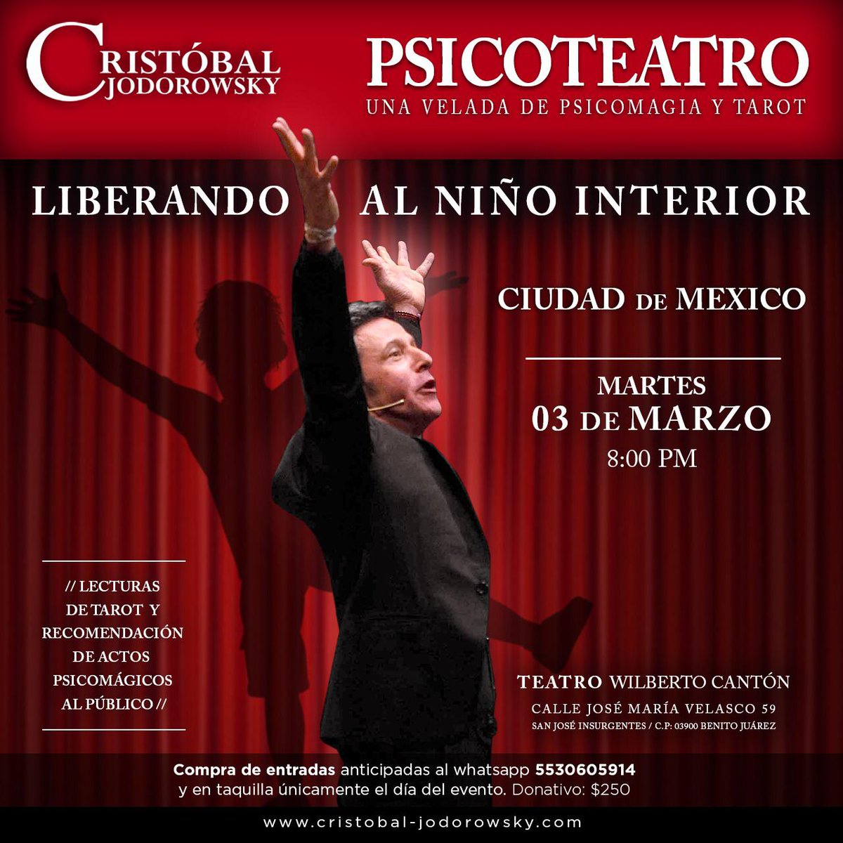#LaTertuliaRECOMIENDA 🎭
MARTES 3 DE MARZO 
👉🏼 <a href="/Cristobaljod/">Cristóbal Jodorowsky</a> presenta #LiberandoAlNiñoInterior en el #Teatro <a href="/WilbertoCanton/">Teatro SOGEM Wilberto Cantón</a> 🎭

🕗 20:00 HRS 🕗
::: PSICOTEATRO :::
🎟 $250 🎟 
🗺 Calle José María Velasco 59, Col. San José Insurgentes #CdMx
<a href="/DSactriz/">Diana Salgado ✨</a>