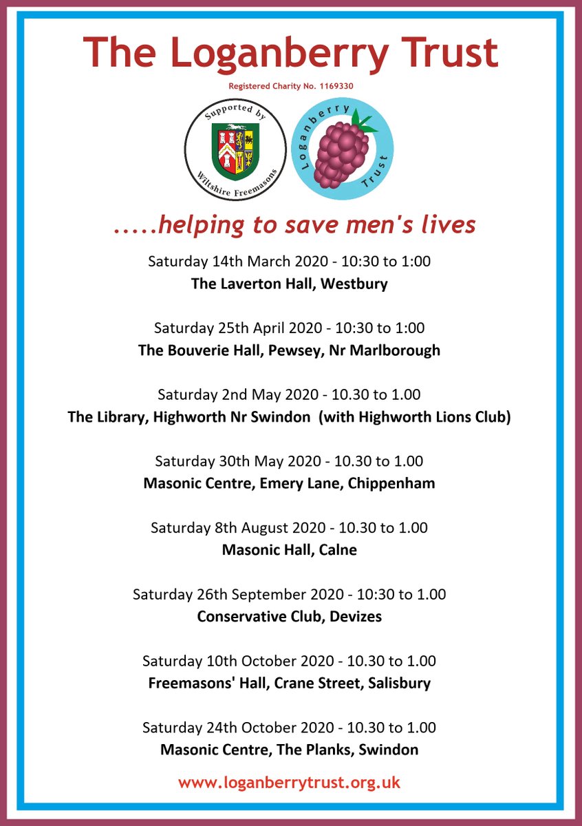 We are pleased to announce PSA testing dates for 2020 and look forward to welcoming you to any of the venues listed.  Thanks to Wiltshire Freemasons and Highworth Lions Club for their amazing support.