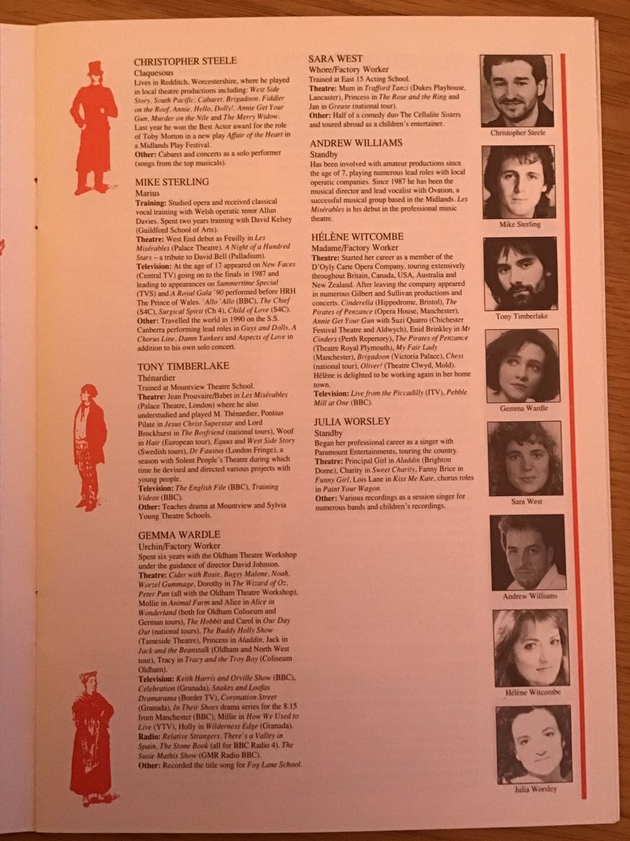 Looking back at old theatre programmes (2/2): Les Miserables (first run in Manchester 1992/3). Cast included @pjbtaboo. @katyfleet #MarkOMalley @mikesterl #DanielColl @LouisaShaw #RachelSpry @JuliaClaireW and RIP Louise Plowright