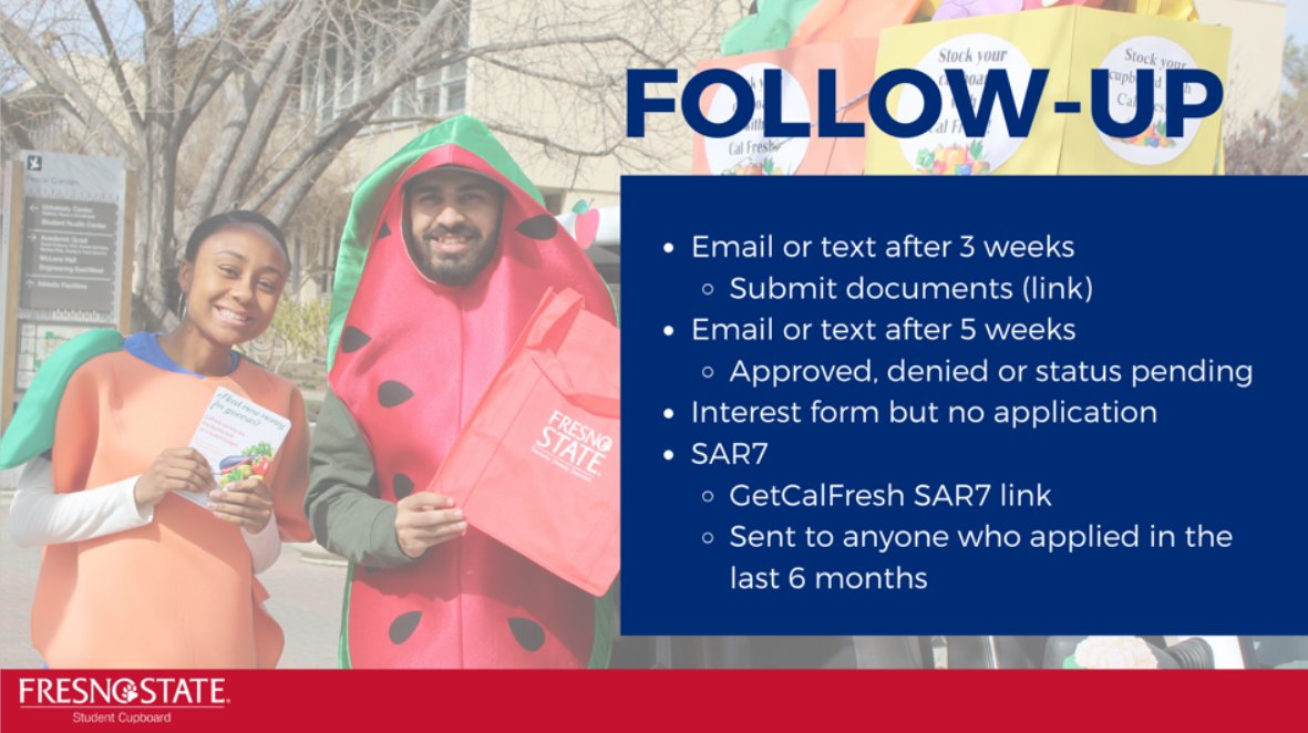 CHCChicoState's tweet photo. Kelly Condron from @Fresno_State, "More students are coming in to complete their #SAR7 #CalFreshFood forms since implementing our follow-up redminder system" #CFOSummit2020 https://t.co/UWCQEY56jf