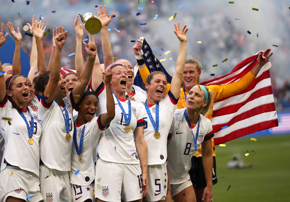A a photo of the United States women's soccer team celebrating their victory