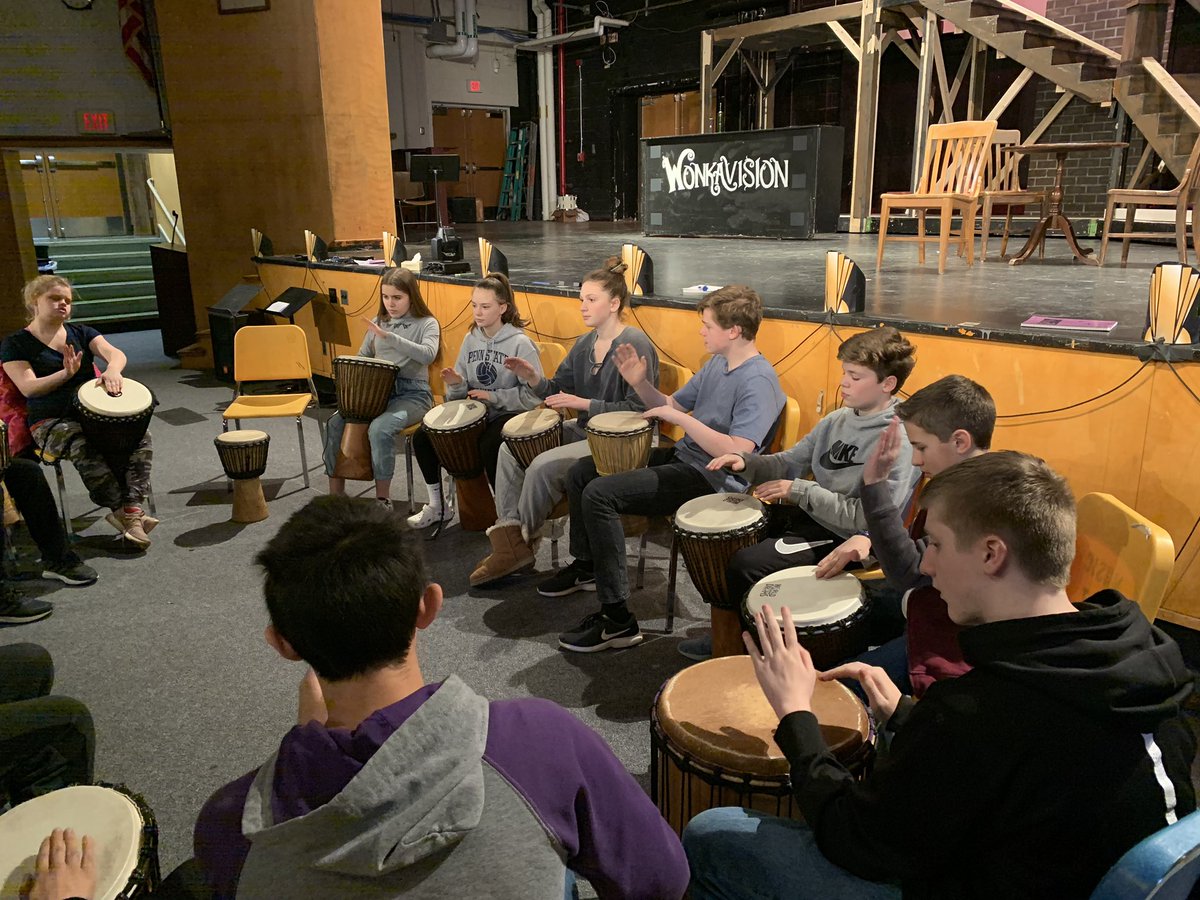MikeCaraccio's tweet photo. Music 8 engaged in African drumming. Sections are executing different patterns &amp; they’re mixing together to sound amazing! Discussion about tempo, rhythm &amp; options for when you may lose the beat. Strategies that work in music 8 &amp; in life. https://t.co/42MXnoOQd5