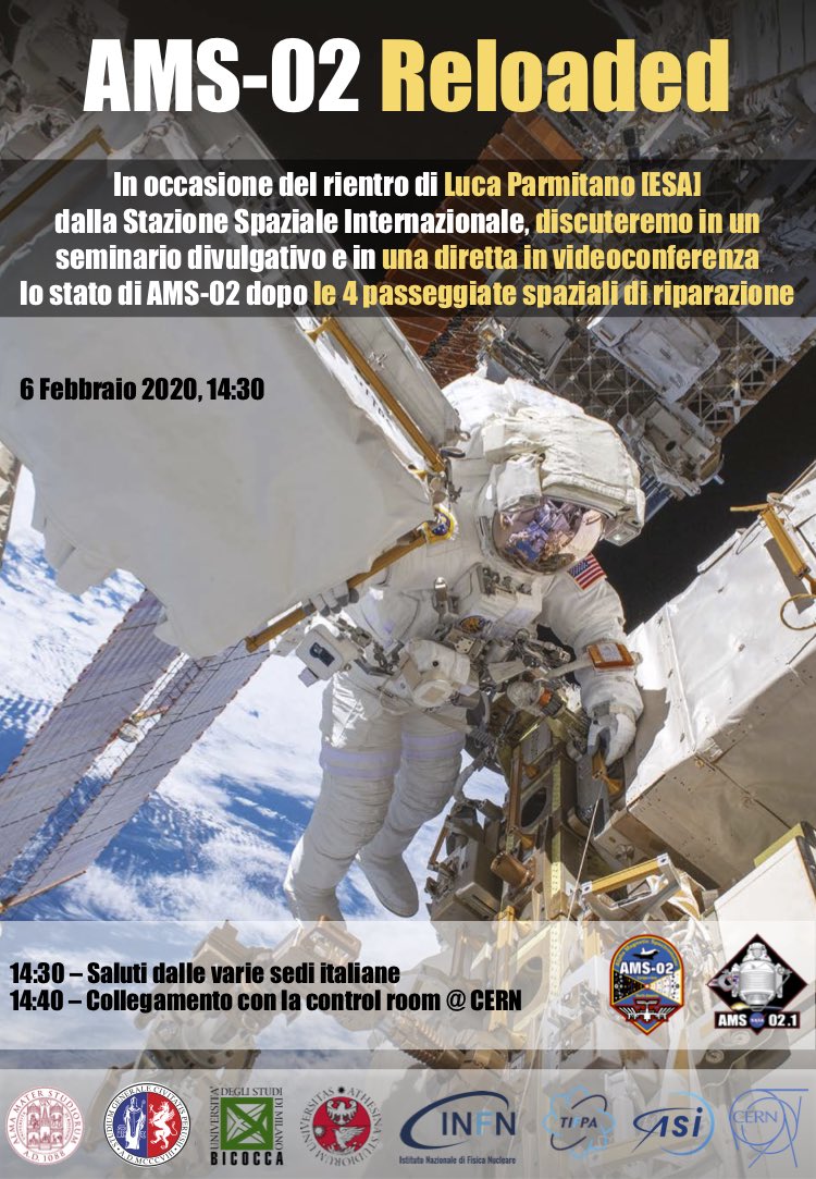 AMS_02's tweet image. Domani, 6 Febbraio, nelle sedi italiane della Collaborazione AMS, festeggeremo il rientro di @astro_luca con dei seminari sulla #spacewalkforams. Dai Luca vienici a trovare fra qualche settimana, così festeggiamo anche con te!