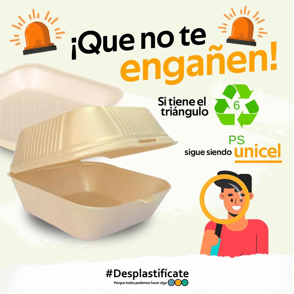 ¡Entonces solo está pintado! Y sigue siendo poliestireno expandido.
Ponte listo 👀 y no te dejes engañar. Busca los empaques con certificaciones oficiales o mejor: lleva tus propios recipientes. #Desplastifícate #TodosPodemosHacerAlgo #SinUnicel