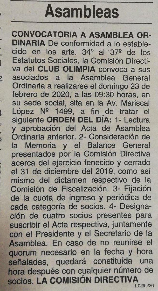 Recordamos a los socios que el Domingo 23/02/2020, a las 09:30 en el Quincho de Para Uno, será celebrada la Asamblea Ordinaria correspondiente al periodo 2019.

El llamado fue realizado de conformidad al artículo 36 de los Estatutos Sociales en dos diarios de circulación masiva.