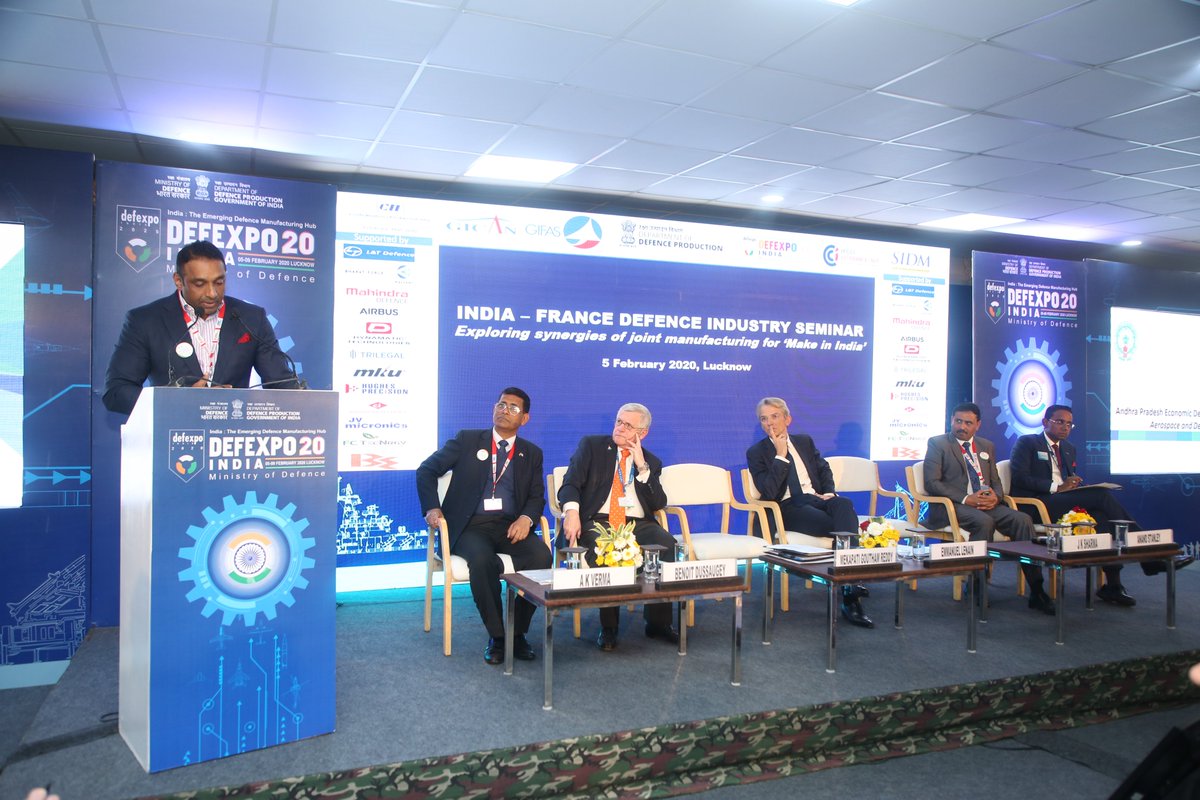 The Hon'ble @MekapatiGoutham , Minister for Industries, Commerce, Information Technology while addressing the India-France Defence Industry Seminar @DefExpoIndia stated that AP is focusing on developing defence clusters and welcomed French investment in the state.