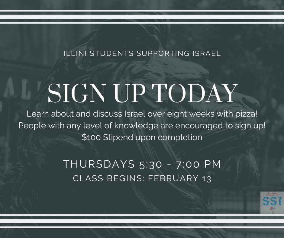 UIUC4Israel's tweet photo. Sign up for our 8 week discussion-based course about Israel here:

https://t.co/tDCnx4Z10t https://t.co/v1a2gVpxg0