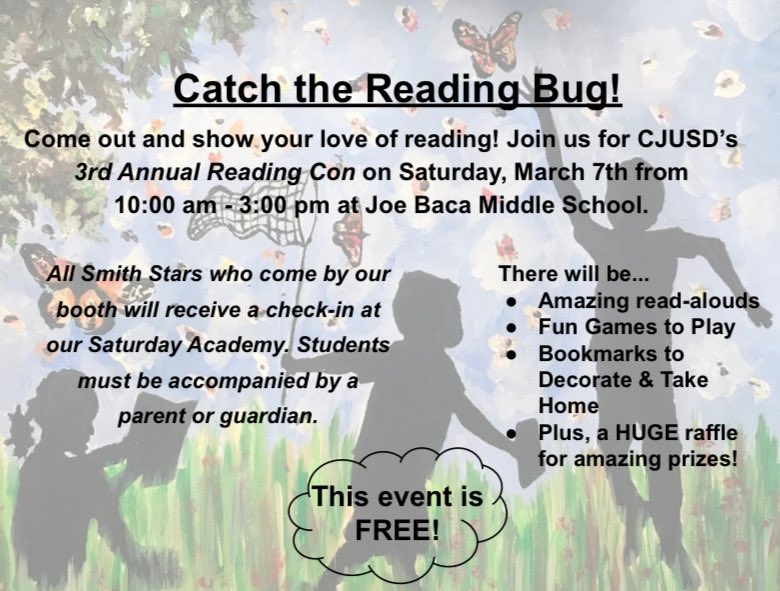 Smith_stars's tweet photo. Star families, join us on Saturday, March 7th! #gostars #catchthereadingbug #readingcon @DrMScribner @SarahServesEDU @ColtonJUSD https://t.co/7KyHyFEdV7