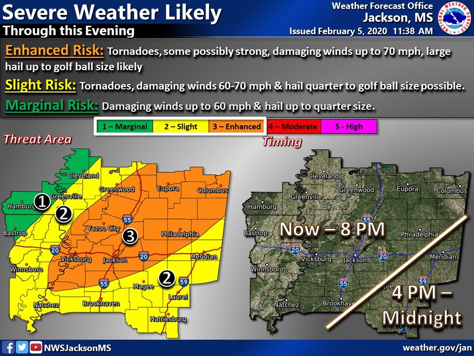 HindsCCSafety's tweet photo. UPDATED: Severe Thunderstorms will be possible through this evening #HindsCC.
Main Threats: Damaging Wind Gusts of 60 to 70 mph, Hail to the size of golf balls, and Tornadoes, some potentially strong, will all be possible.
#HCCWeather https://t.co/DtCiTT1lVT