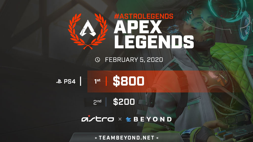 Secure your spot in bracket, register your team for tonight's <a href="/PlayApex/">Apex Legends</a> 3v3 tournament powered by <a href="/ASTROGaming/">ASTRO Gaming</a>

💰 $1,000 Prize Pool
🎮 PlayStation 4
🕓 4pm PT / 7pm ET
🏆 Free to Enter

Sign up, check in, and compete at bit.ly/Apex-Feb1