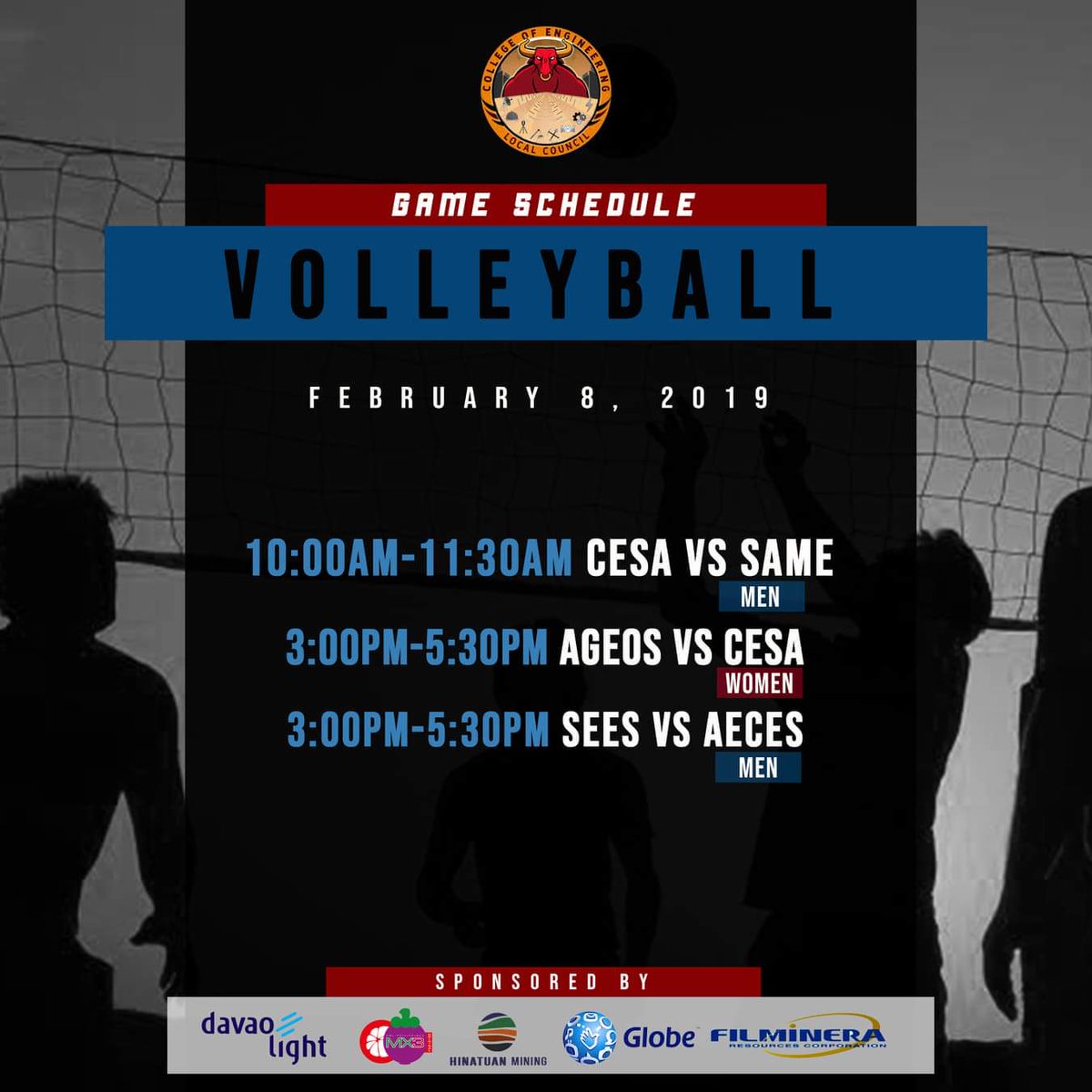 USePCEBulls's tweet photo. Look| Volleyball Game Schedule for the College of Engineering Festival.
(c) John Andrie Penales https://t.co/QZrJp7zpkB