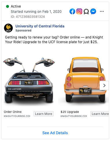 FB ad with Dalorean and mr beans care with UCF license plates
