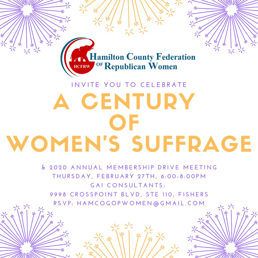 Celebrate a Century of Women's Right to Vote and the History that our Hamilton County Women Leaders are making.  Free event.  All R's welcome. 

Thursday, February 27th, 6:00 - 8:00 pm
9998 Crosspoint BLVD, Suite 110
Fishers, IN 46256

facebook.com/events/2669510…